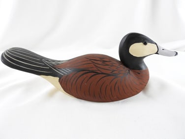 Lisa Byrd hand-carved and painted wooden Canvasback Hen duck decoy, initials carved, signed/dated
