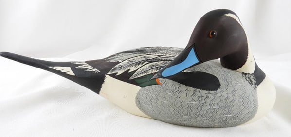 Lisa Byrd hand-carved and painted wooden Pintail Drake duck decoy, logo initials carved,