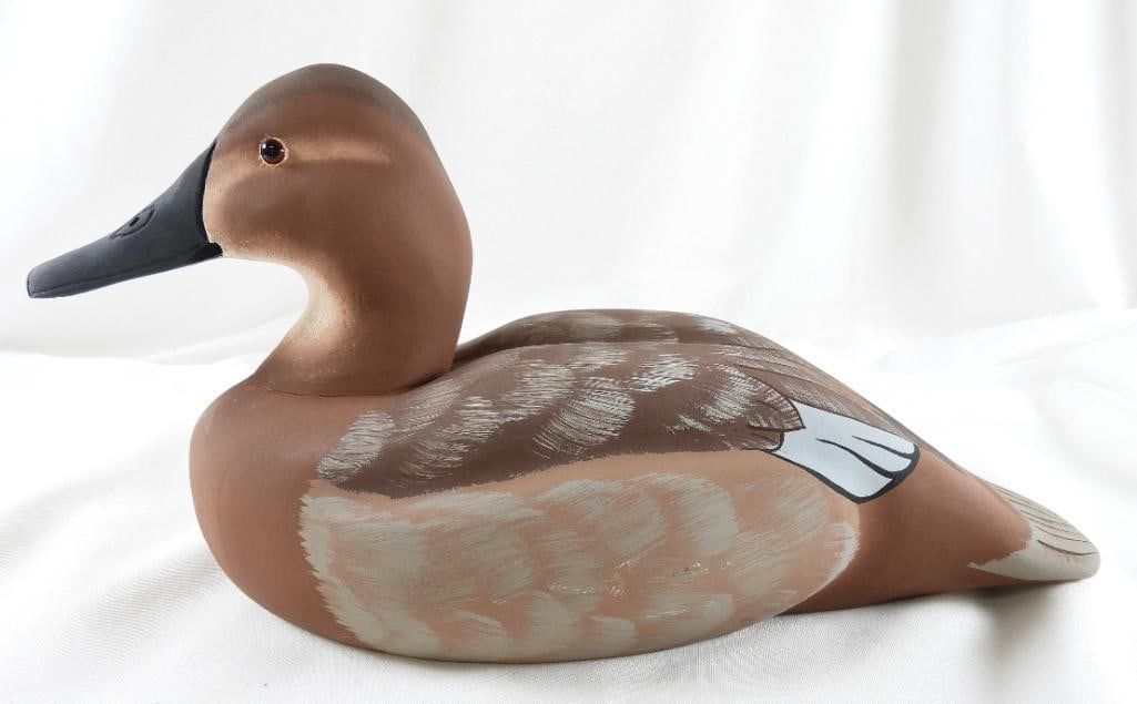 Lisa Byrd hand-carved and painted wooden Canvasback Hen duck decoy, initials carved, signed/dated (1 of 7)