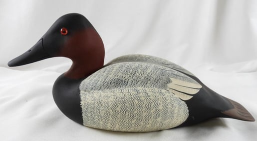 Lisa Byrd Hand-carved and painted wooden Canvasback drake duck decoy, carved logo initials,