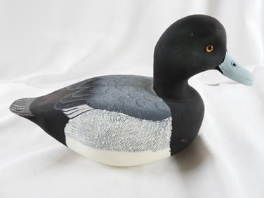 Lisa Byrd Hand-carved and paintedwooden Greater Bluebill Drake duck decoy, logo initials carved,