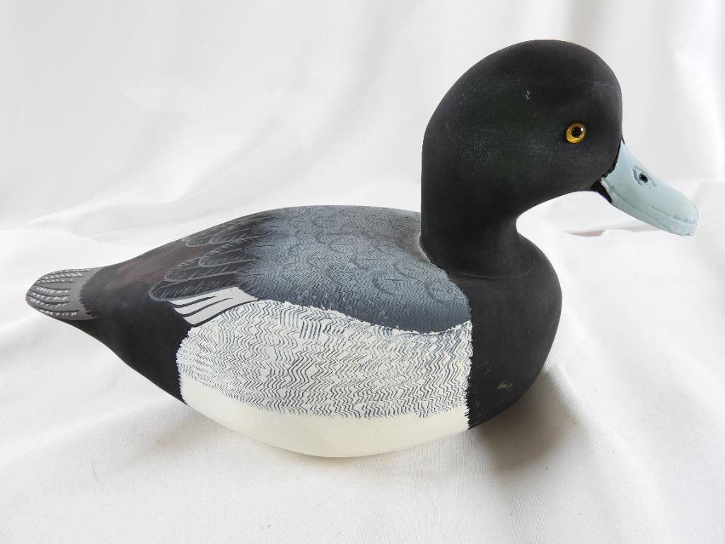 Lisa Byrd Hand-carved and paintedwooden Greater Bluebill Drake duck decoy, logo initials carved, (1 of 6)