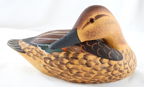 Lisa Byrd Hand-carved and painted wooden Red Head Drake duck decoy, logo initials carved,
