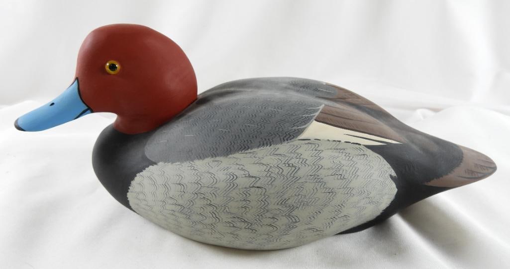 Lisa Byrd Hand-carved and painted wooden Red Head Drake duck decoy, logo initials carved, (1 of 7)