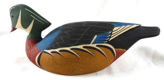 George Bell Hand-carved and painted wooden duck decoy, signed/dated 2006