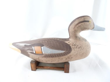 Captain Harry Jobes Hand-carved and painted wooden brown duck decoy , signed/dated 2007