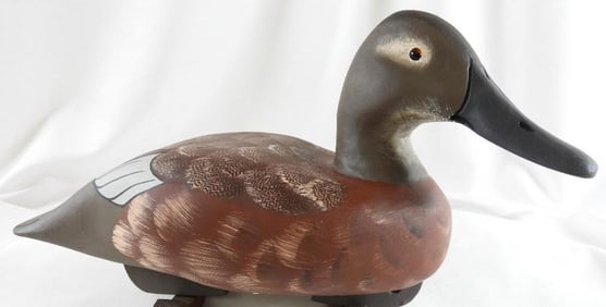 Captain Harry Jobes Hand-carved and painted wooden Canvasback Drake duck decoy, signed/dated 2007