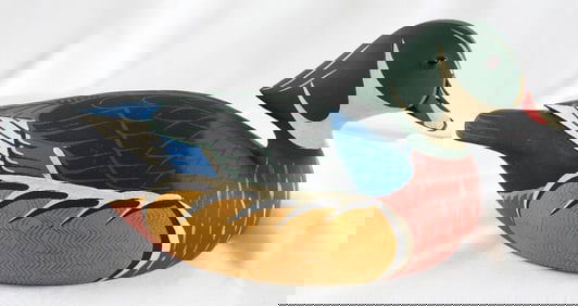 Captain Harry Jobes Hand-carved and painted wooden duck decoy, signed