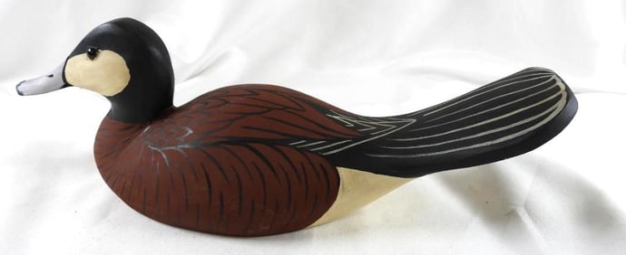 Captain Harry Jobes Hand-carved and painted wooden brown duck decoy, signed