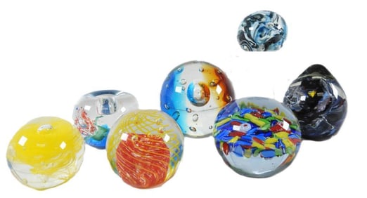 LOT OF 7 art glass paperweights with swirls, etc.