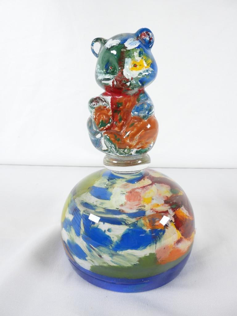 Limited Edition Painted Glass Bear Paperweight: Limited Edition Painted Glass Bear Paperweight by Artist Harry Stuart, hand-blown and one of a kind, 4"Lx4"Wx7"T.