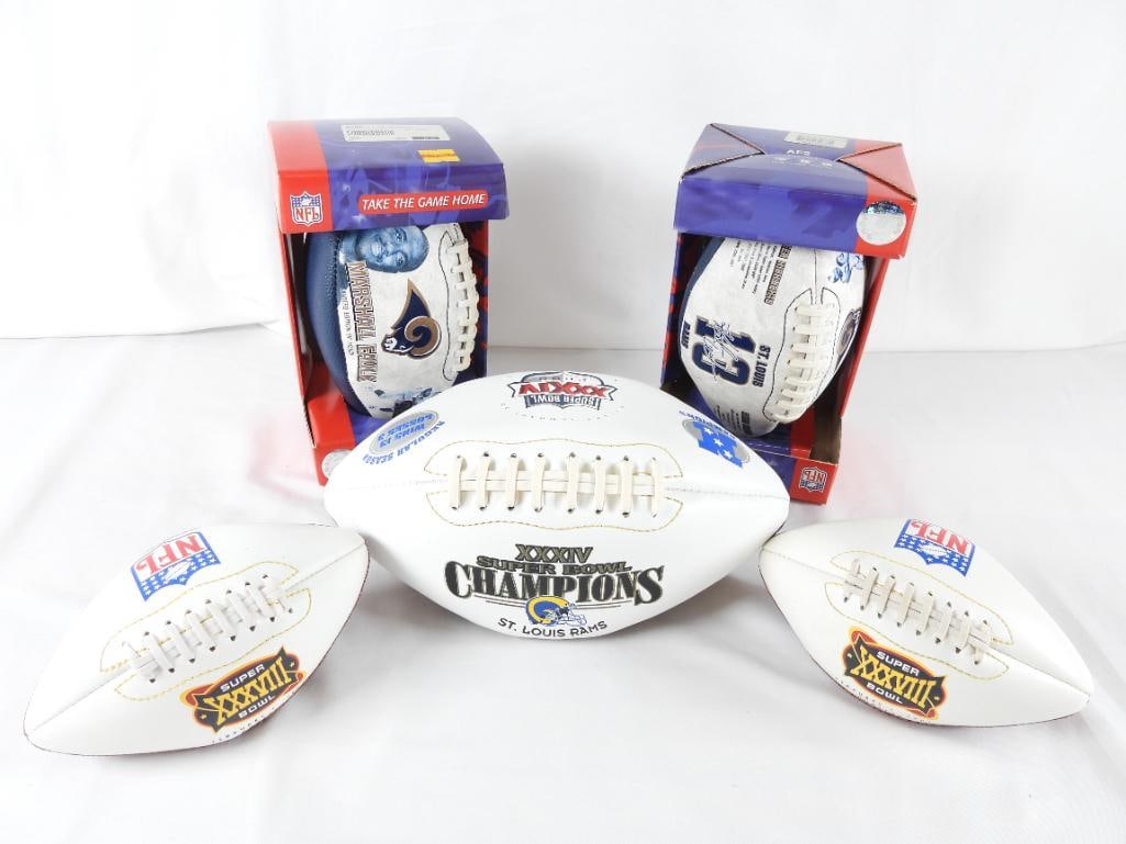 LOT OF 5 NFL ST LOUIS RAMS footballs, SUPER BOWL etc.: LOT OF 5 NFL ST LOUIS RAMS footballs: MARSHALL FAULK LIMITED EDITION OF 10,000 NFL football in package; KURT WARNER ST LOUIS RAMS career highlighted football in package; XXXIV SUPER BOWL CHAMPIONS