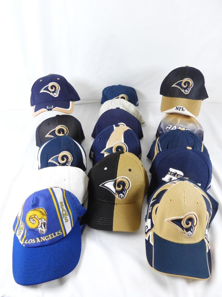 LOT OF 15 NFL ST LOUIS RAMS navy/gold caps: LOT OF 15 NFL ST LOUIS RAMS navy/gold caps: 9 NFL, 1 REEBOK PROLINE, 2 REEBOK NFL Equipment, 2 NFL PROLINE, 1 LOS ANGELES RAMS netted hat (worn in inside)
