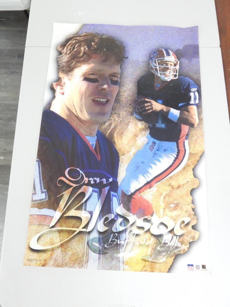 NFL BUFFALO BILLS DREW BLEDSOE football poster: NFL BUFFALO BILLS DREW BLEDSOE football 22.5"x34.5" poster, some wear due to being stored rolled.