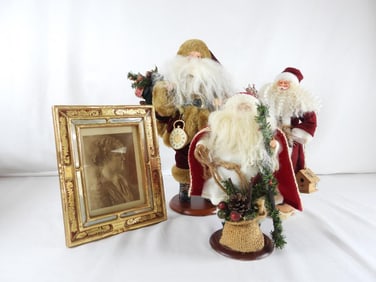 LOT OF 3 SANTAS and portrait in ART NOUVEAU frame