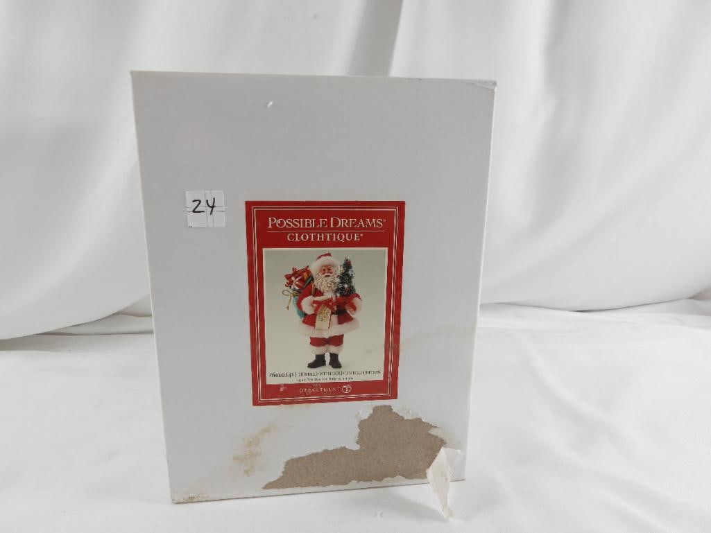 POSSIBLE DREAMS CLOTHTIQUE Trimmed With GoldLtdEd: Dept 56 POSSIBLE DREAMS Trimmed with Gold Limited Edition, Lighted Tree. New in original white box (see photos, worn), never displayed. 12"Tx6.5"Lx6.25"W, no batteries included.