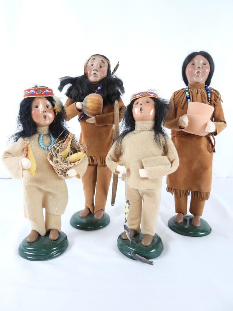 LOT OF 4 BYERS CHOICE NATIVE AMERICAN CAROLERS: LOT OF 4 BYERS CHOICE NATIVE AMERICAN CAROLERS THANKSGIVING & HARVEST COLLECTION: 2003 father caroler with bow and pumpkin, BYERS SIGNED, 5"Lx4"Wx13"T; 2003 mother caroler with bead necklace and potte