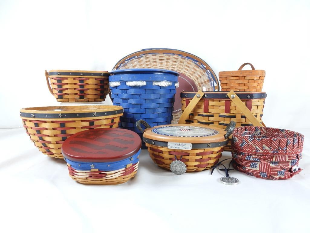 LOT OF 9 LONGABERGER AMERICANA Baskets: LOT OF 9 LONGABERGER Baskets: 2005 Inaugural basket with 2005 circular emblem lid, two handles and inaugural trinket, navy cloth insert, initialed and dated 2004, 7.5"Lx7.5"Wx3"T; Limited Edition 2004