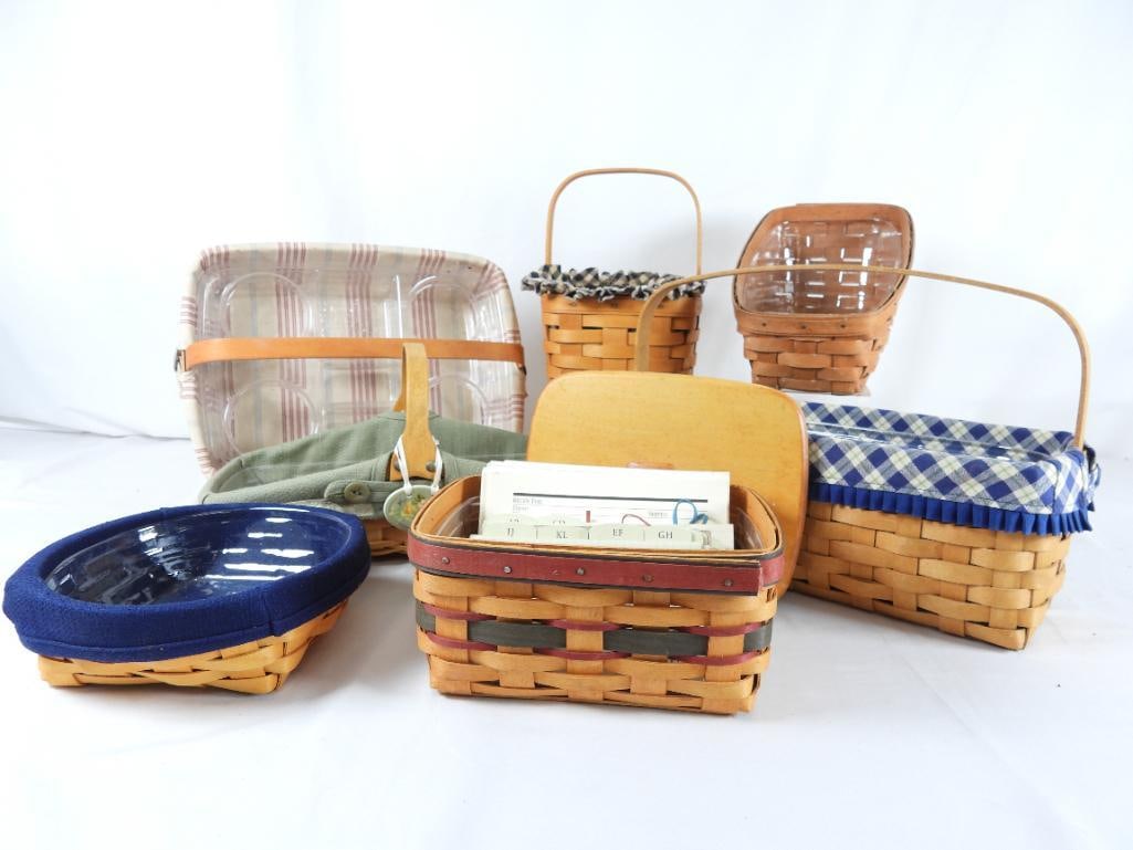 LOT OF 7 LONGABERGER Baskets, INITIALED/DATED: LOT OF 7 LONGABERGER Baskets, INITIALED/DATED: 1996 FATHER'S DAY ADDRESS, letter dividers, random recipe cards, protector, lid, 8"Lx6"Wx5"T; 2001 SMALL CATCH-ALL, navy liner, protector, 7.5"Lx7.5"Wx3"