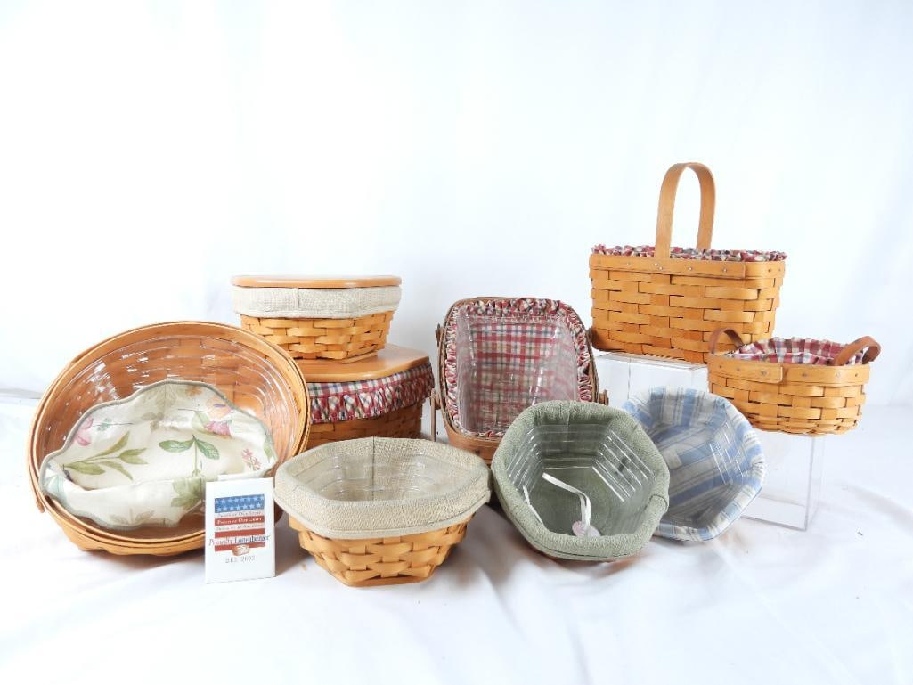 LOT OF 12 LONGABERGER BASKETS/ACCESSORIES: LOT OF 12 LONGABERGER BASKETS WITH SMALLER ACCESSORIES AND SOWING ITEMS: (All baskets come with plastic lining and item number is taken from plastic lining) Three Hexagonal baskets One with blue and w