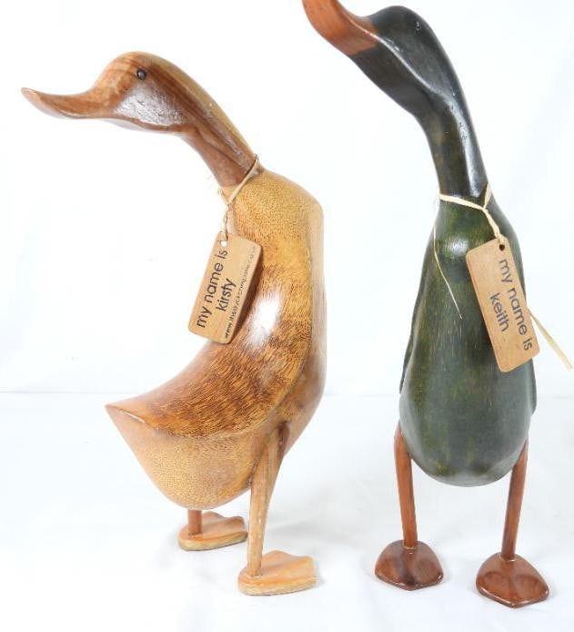 LOT OF 2 HAND STAINED WOOD DUCKS May be Smith & Hawkins: The green stained duck has a wood tag that reads my name is KEITH, The bottom of his foot is stamped duck. The natural stained ducks tag reads my name kirsty www.theduck company. The back of the tag r