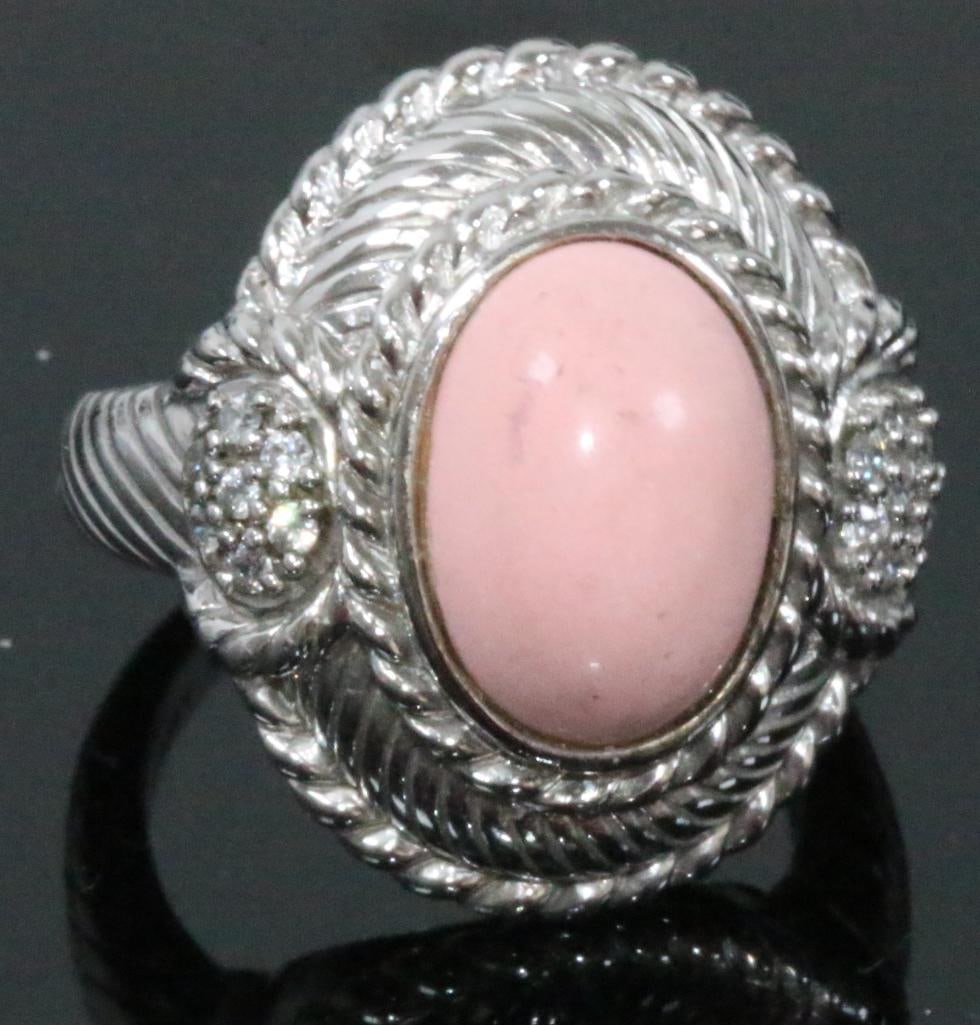 Judith Ripka Large pink chalcedony sterling silver ring: Gorgeous heavy rope design with side cz's. 12.9 grams Size 8 .