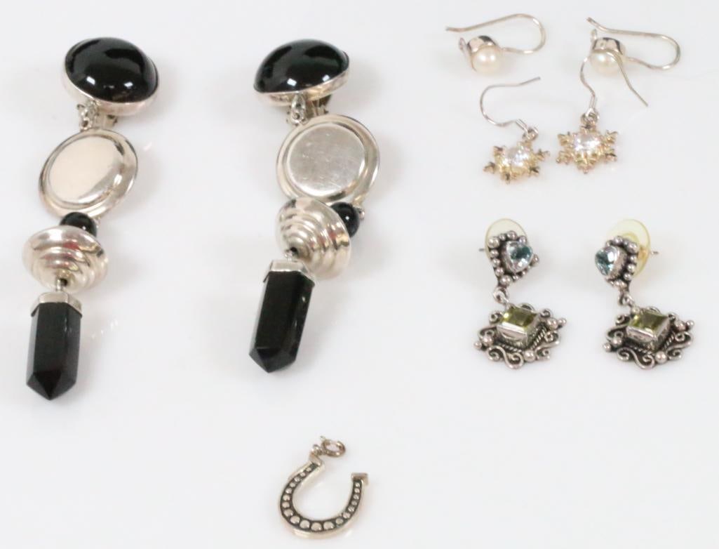 Sterling silver 4 pair earrings & charm lot includes TAXCO: Large black onyx TAXCO Mexico HALLMARKED TA-95 MEXICO 4" CLIP EARRINGS.Suarti Balie Gorgeous 1.25" Pierced genuine topaz and citrine pierced drop earrings, snowflake hook and pearl hook earrings. Hors