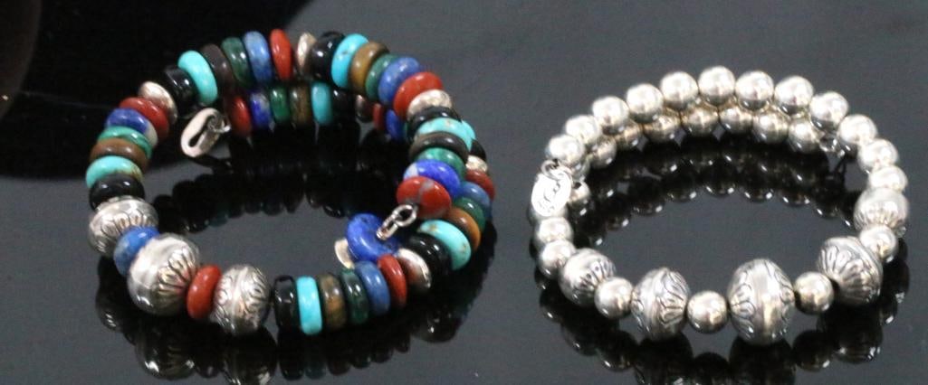 Lot of 2 Vintage Desert pearl Carolyn Pollack bracelets 33 grams: 2 beautiful wrap bracelets. One is all sterling silver. The other is multi stone turquoise, onyx, agate, carnelian, lapis Hallmarked CR