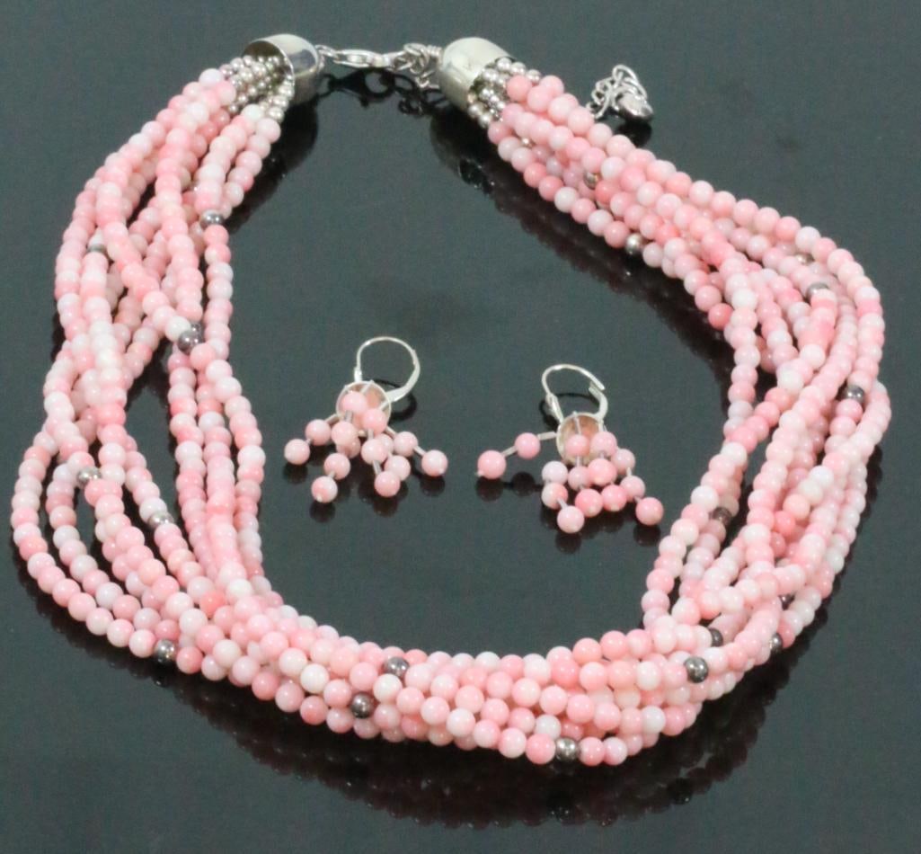 DTR Jay King Angel Skin coral sterling silver necklace earring set: 21" long with chain extender. Sterling silver end caps with sterling 8 strands of angel skin beads and sterling spacer beads, earrings area.1.5" drop