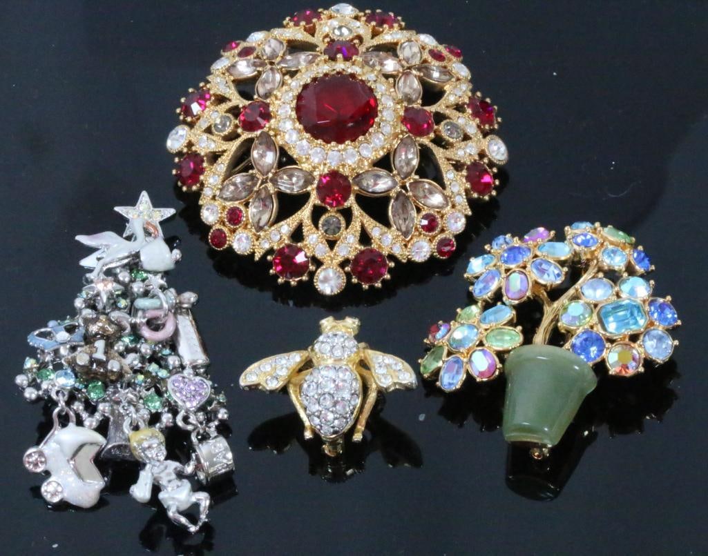 Lot of 3 Joan Rivers and 1 Kirks folly Vintage Brooches: Large vintage 2.5" mogul Ruby Red crystal Dome pin brooch, clear bee, 2" Flower pot brooch and a kirks folly baby tree brooch