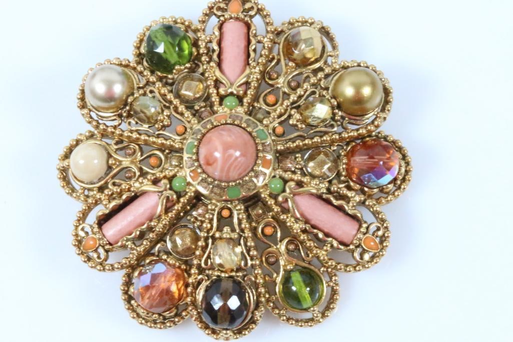 Huge Joan Rivers Mogul Filigree RARE Pastel Brooch: Huge 3" diameter, filigree, scroll work pink, green, beiges, gold gorgeous multi tier brooch in excellent condition.