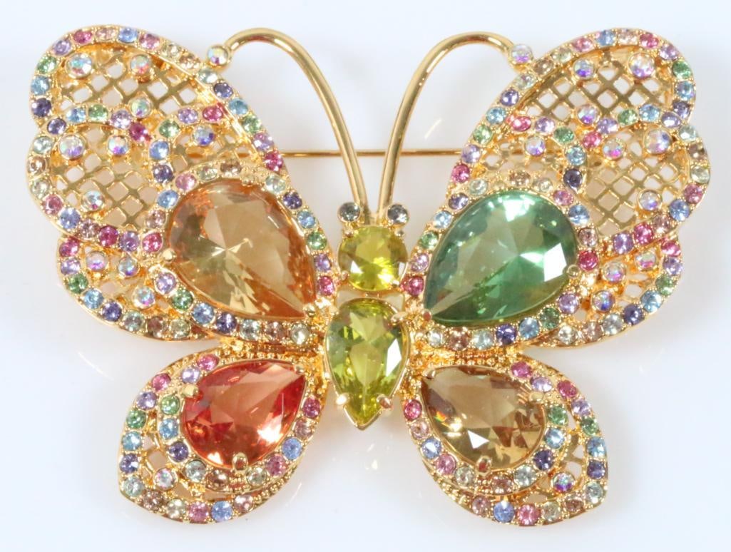 HUGE New Vintage Joan Rivers Gold plated Multi rhinestone brooch: Beautiful NEW old stock Brilliant large Butterfly brooch with loads of sparkling rhinestones. Measures 2-3/4" w x 2-1/8"