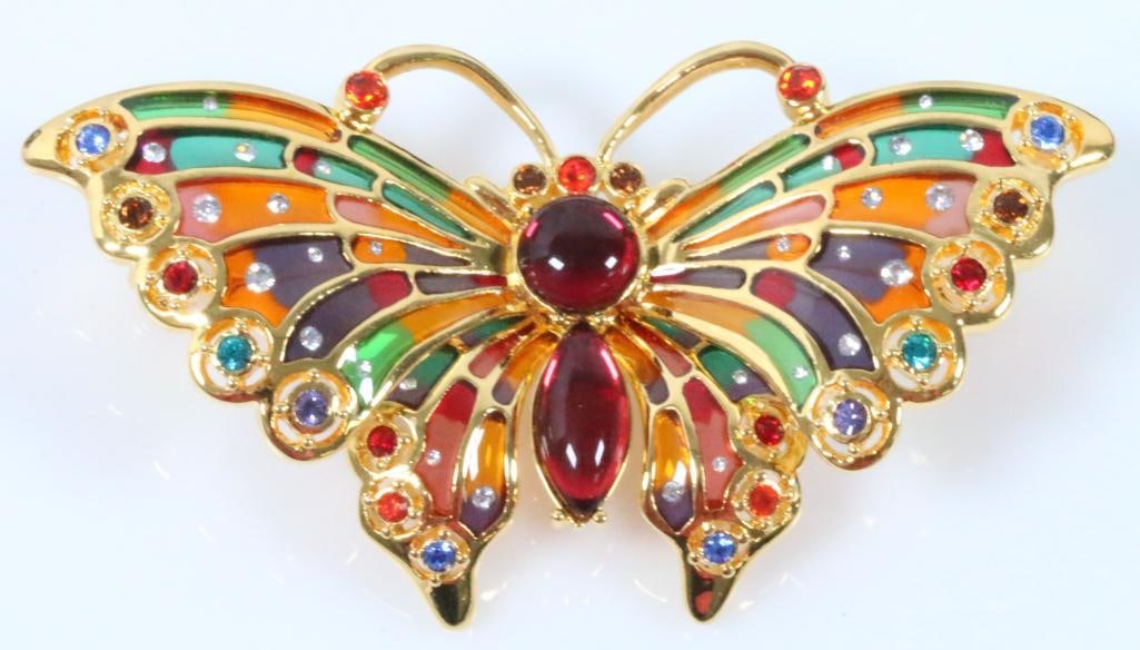 HUGE New Joan Rivers Plique A Jour Butterfly brooch: HUGE 3" x 1-3/4" Stained glass look with multi color rhinestones in brilliant NEW gold tone setting.