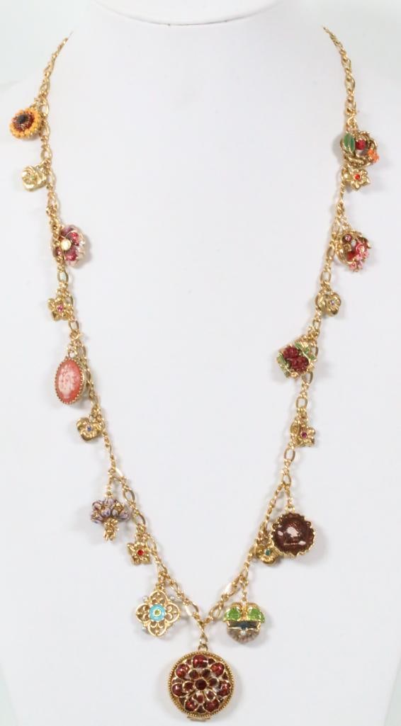 Joan Rivers Victorian Language of Love Flowers Necklace: 28" long chain with 18 charms plus the large locket, Joan rivers hang tag. Goldtone finish enamel, pearl, rhinestone flowers . Excellent conditional