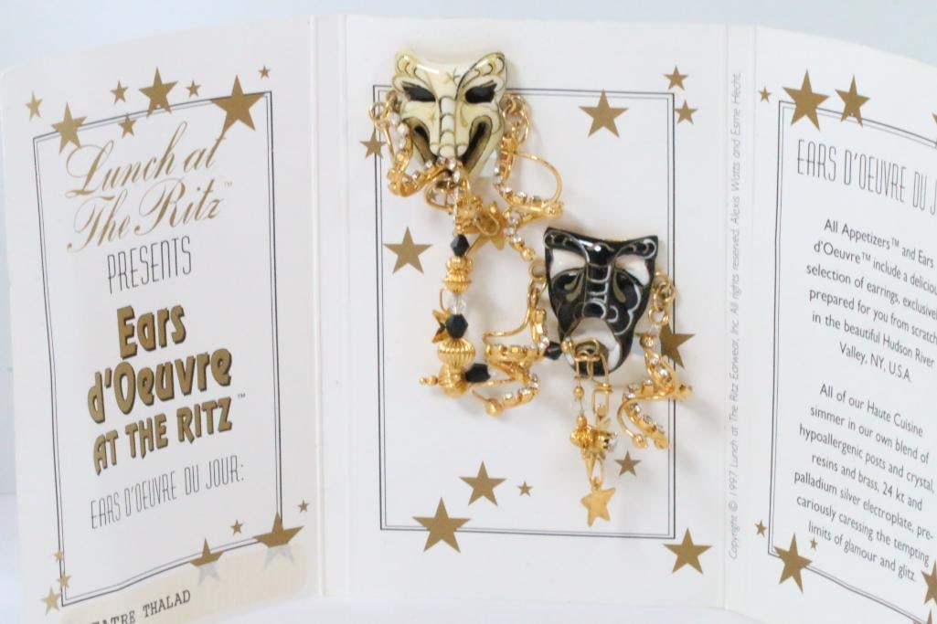 Lunch at the Ritz USA Theatre Thalad Signed Earrings.: clip earrings Theater Mask happy sad comedy large 22kt gold enamel and Austrian crystal Lunch at the Ritz vintage USA made earrings on the Menu Card. 3" long