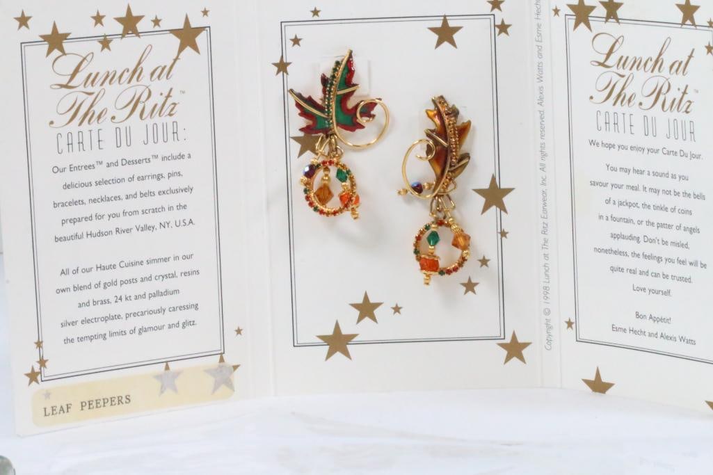 NEW Lunch at the Ritz USA Leaf Peepers Earrings Nautical Anchor: NEW fall leaf earrings 2" long Pierced earrings in 22kt gold plate, enamel and large Austrian crystals on the original Menu Card. Made in the USA 3.5" long