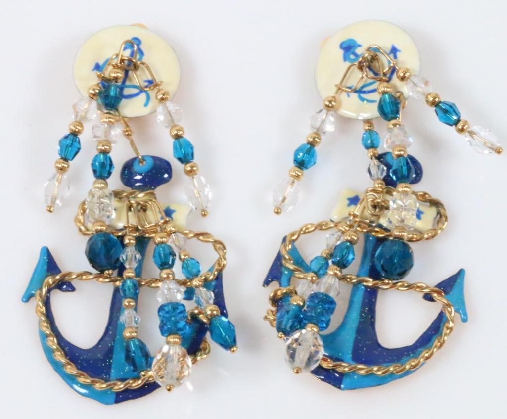 Lunch at the Ritz USA Signed Nautical Anchor Earrings: Excellent condition clip earrings in22kt gold plate, enamel and large Austrian crystals. Made in the USA