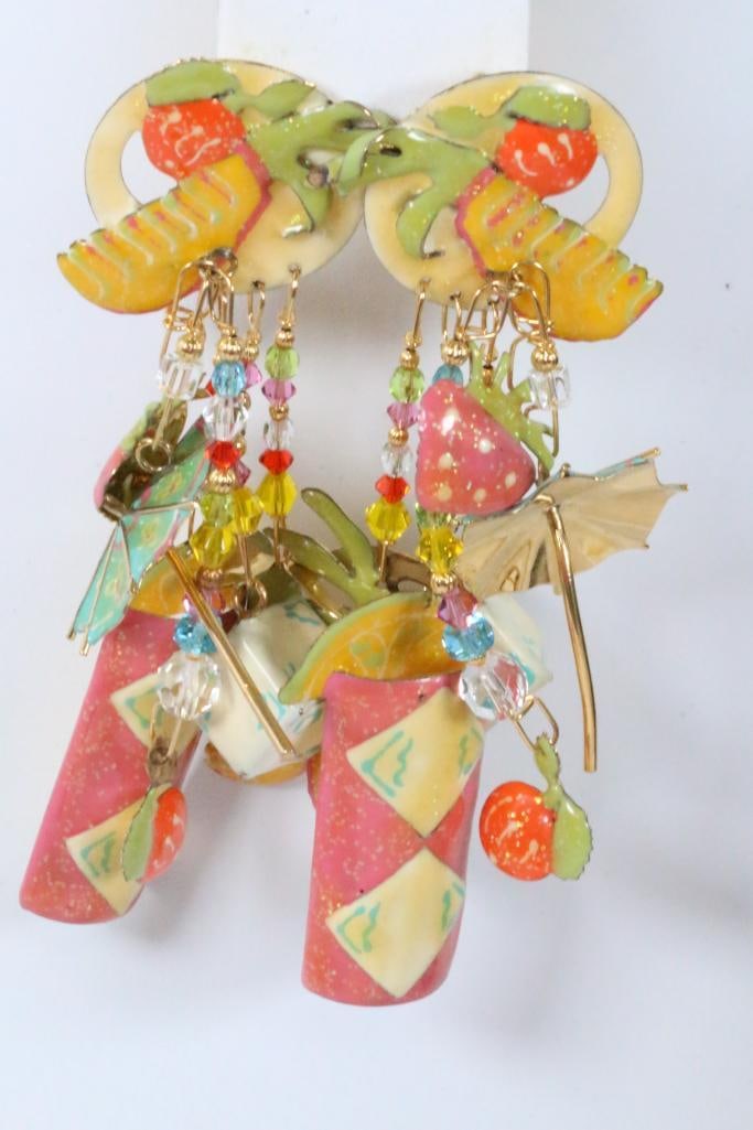 VINTAGE 1989 Lunch at the Ritz USA Tropical Cocktails Earrings: Hand signed Lunch at the ritz 1989 HUGE 4.5" LONG. Excellent condition pierced earrings in 22kt gold plate, enamel and large Austrian crystals. Made in the USA