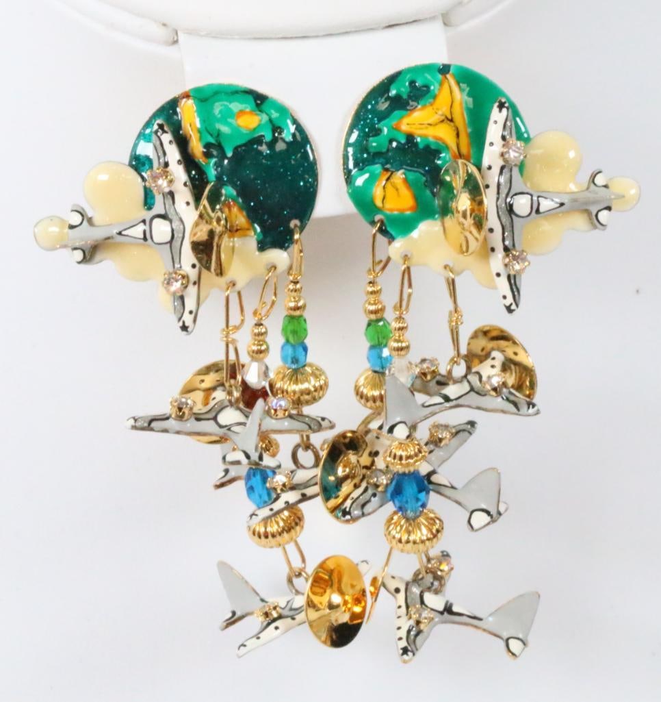 Lunch at the Ritz USA Signed World Traveler Earrings: NEW condition 3.5" long clip earrings in 22kt gold plate, enamel and large Austrian crystals. Made in the USA