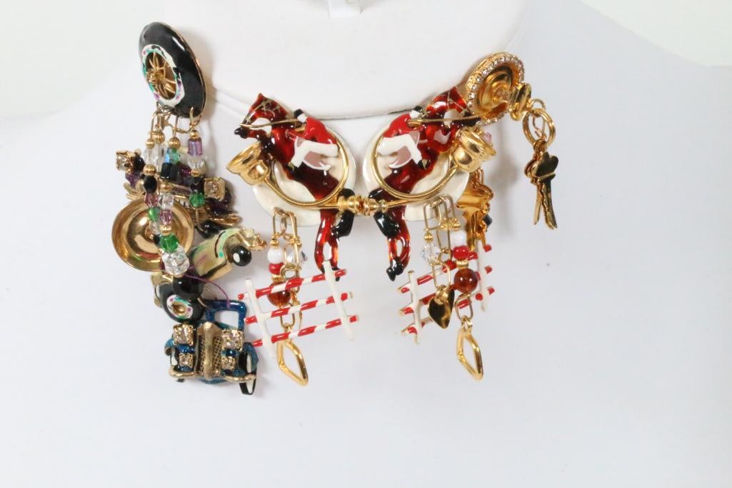 Lot of Vintage NEW Lunch at the Ritz Earrings pin Equestrian and more: NEW Vintage Equestrian Jumping course clip earrings USA 2-3/4" long plus a single Lunch at the ritz Roadster rhapsody pierced earring and a lunch at the Riz Keys tack pin (no back) All are LUNCH AT TH