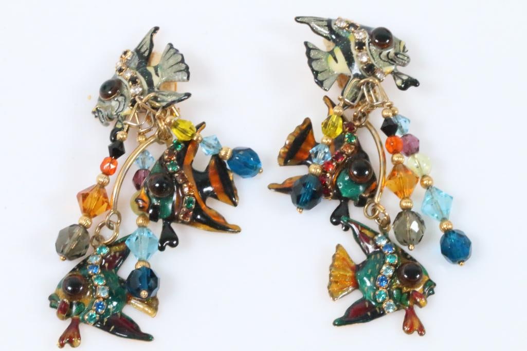 Lunch at the Ritz USA Signed Angelfish long earrings Earrings: Excellent condition 3-3/4" CLIP earrings in 22kt gold plate, enamel and large Austrian crystals. These are the longer earrings with 3 different angelfish with a band of Austrian crystals on each fish