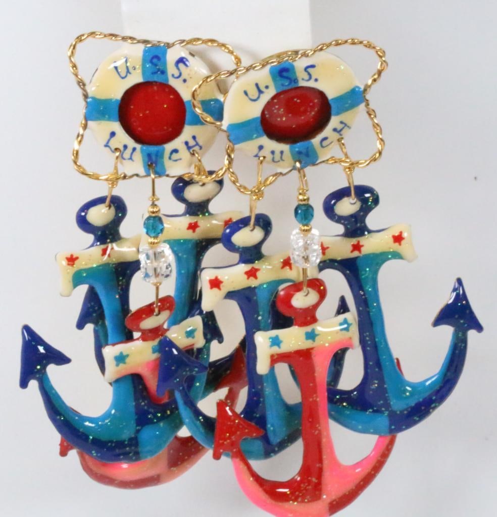 Lunch at the Ritz USA Signed Large Nautical Earrings: Vintage hand signed Lunch at the Ritz. Large nautical life ring and anchors. 4" long Pierced earrings. U.S.S.LUNCH on the life raft. Excellent condition earrings in 22kt gold plate, enamel and large A