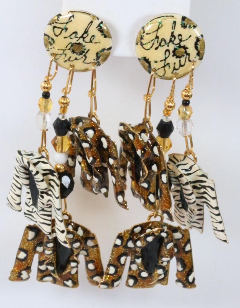 Vintage 1989 Signed Lunch at the Ritz Fake Fur Earrings: SAKS FUR "Fake Fur" 3.5" long hand signed pierced Lunch at the ritz 1989 Excellent condition earrings in 22kt gold plate, enamel and large Austrian crystals. Made in the USA