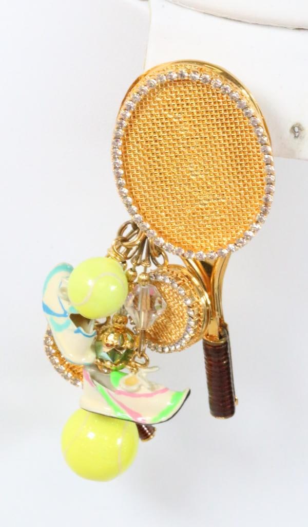 NEW Lunch at the Ritz USA Tennis Anyone Brooch Pendant: 3" W X 3" LONG Tennis racquets shoes and balls Brooch Pendant in 22kt gold plate, enamel and large Austrian crystals. Made in the USA