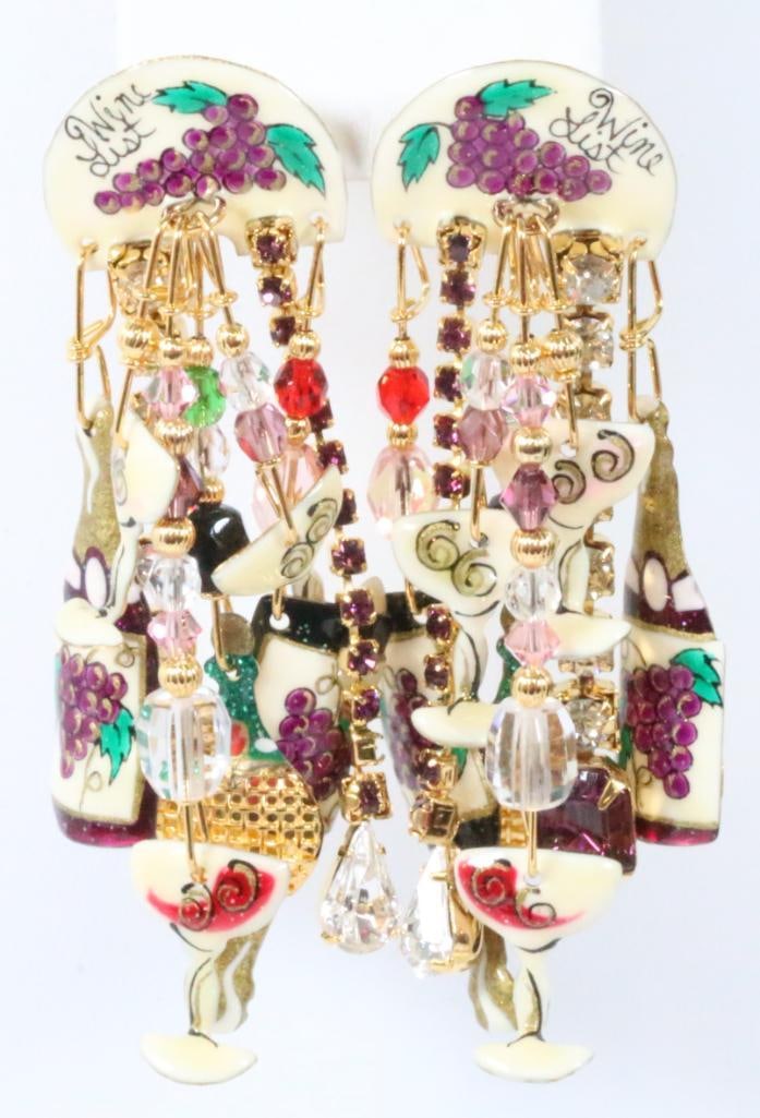 Lunch at the Ritz USA Signed Wine List Earrings: NEW condition pierced Wine List with wine bottles, grapes, and wine glasses earrings 3" long in 22kt gold plate, enamel and large Austrian crystals. Made in the USA