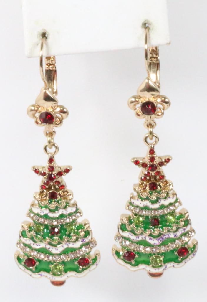 NEW Ritzy Couture Lunch at the Ritz Christmas Tree Earrings: NEW Ritzy Couture by Esme Hecht one of the founders of Lunch at The Ritz jewelry. These are gold plated lever back enamel and crystal earrings. Hallmark back Ritzy by Esme. 2.5" drop.