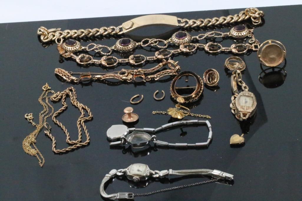 Lot of gold filled jewelry 130 grams: Watches bracelet, rings, earrings some parts. Watchbands aren't all gold filled.