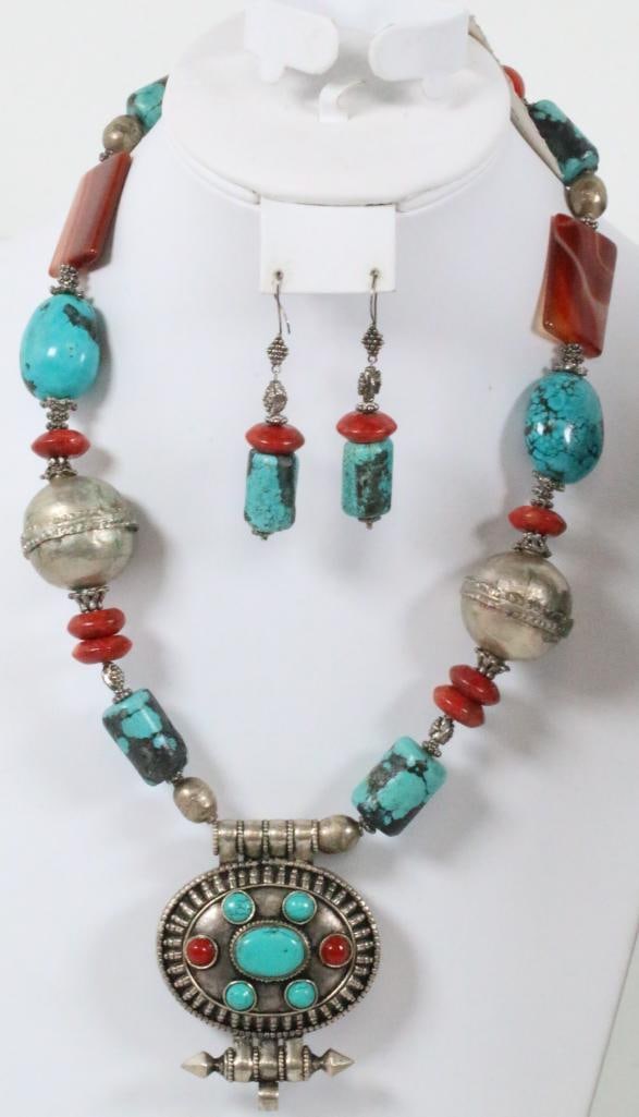 NEW huge Tibetan Silver turquoise Necklace earrings set: NEW with tag FABULOUS HUGE SuzYum Designer turquoise, Red coral and red agate Silver pant necklace with matching pierced earrings. .Large chunks of turquoise, red coral and agate beads with Tibetan hu