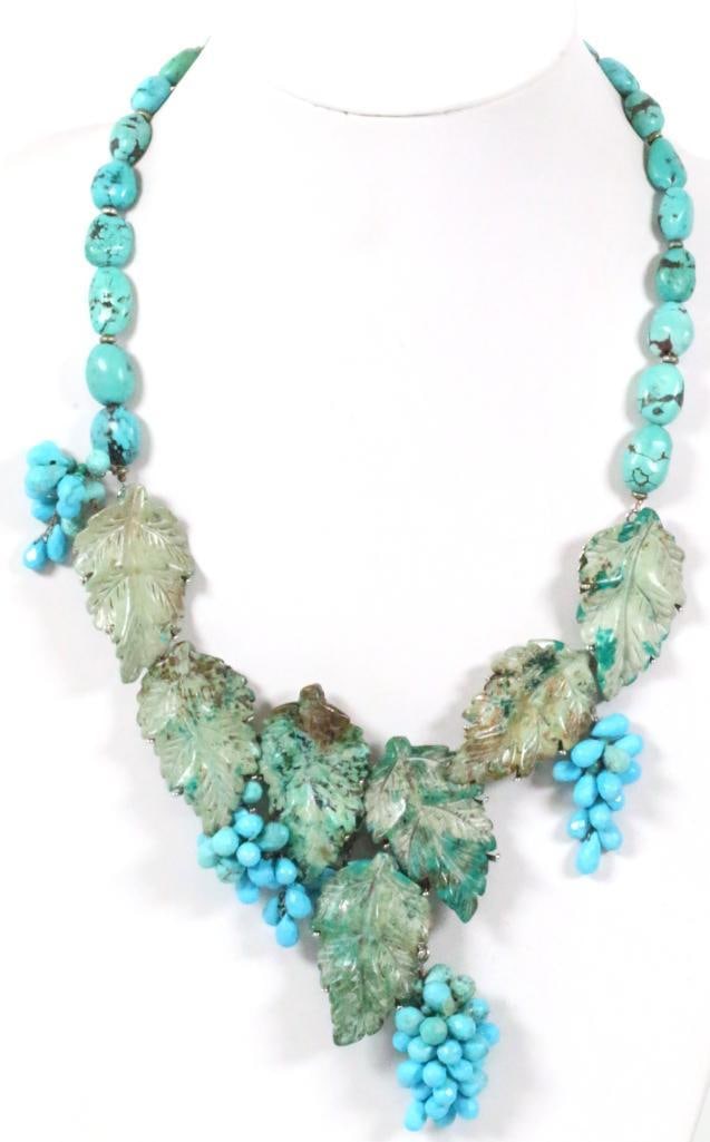 NEW Huge Turquoise Grape Leaves statement necklace: Spectacular NEW Simon Ju Silver plate large leaf backs with Turquoise carved leaves, faceted turquoise clusters - grapes, on a turquoise with silver beaded spacers The focal pint statement carved leav