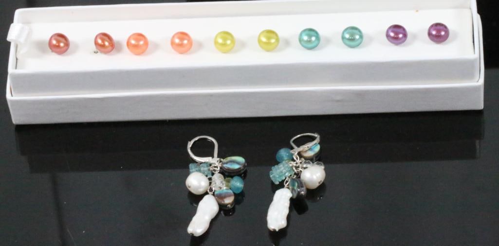 NEW boxed multicolor pearl earrings boxed set and sterling pearl earrings.: 5 pair multicolor button pearl bode set 8mm round plus 1 pair of sterling drop pearl abalone and crystal earrings 2" drop